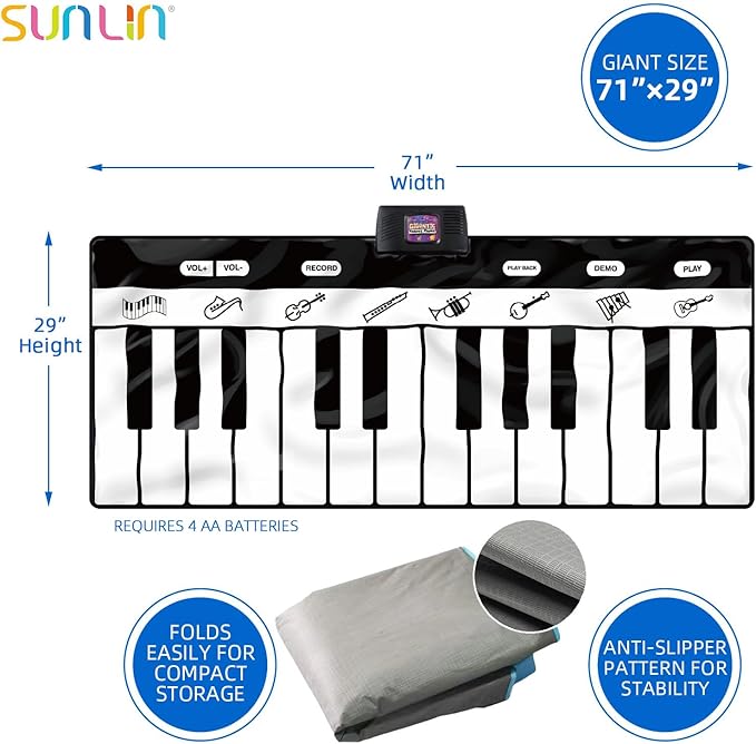 SUNLIN 6ft. Piano Mat, Floor Keyboard Playmat: 24 Keys, 10 Demos, 8 Instrument Sounds, Record & Playback, Giant Interactive Musical Toys Gifts for Boys & Girls Age 3 4 5 6 7 8 9 Years Old