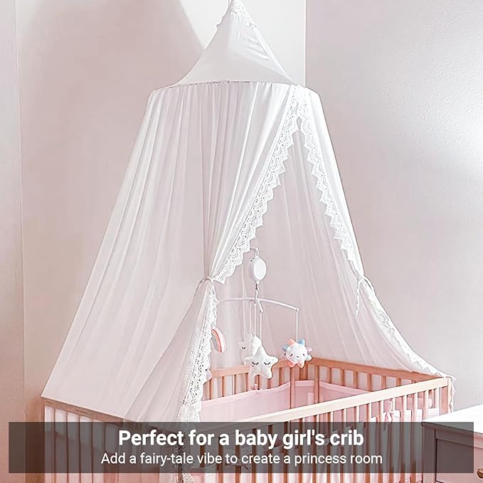 OldPAPA Kids Bed Canopy with Pom Pom Hanging Mosquito Net for Baby Crib Nook Castle Game Tent Nursery Play Room Decor，White