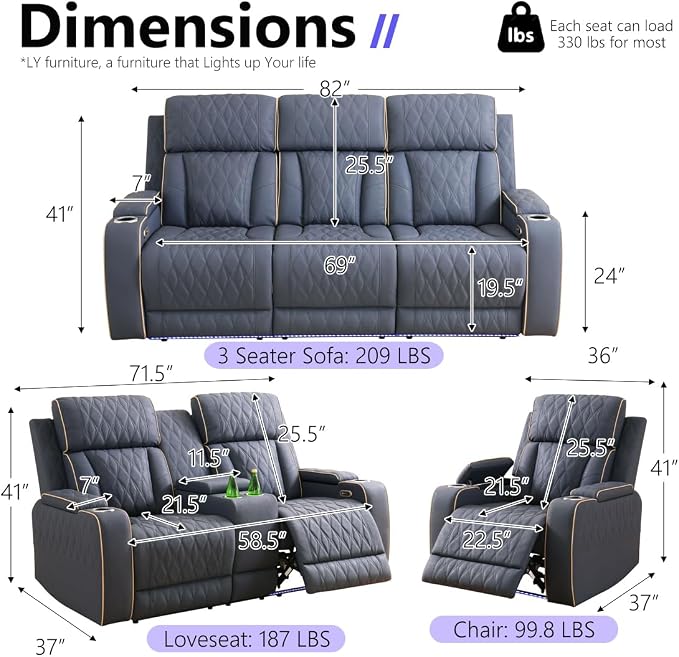 Power Recliner Sofa Set, Luxury Recliner Sofa & 2 Chairs - Image 2