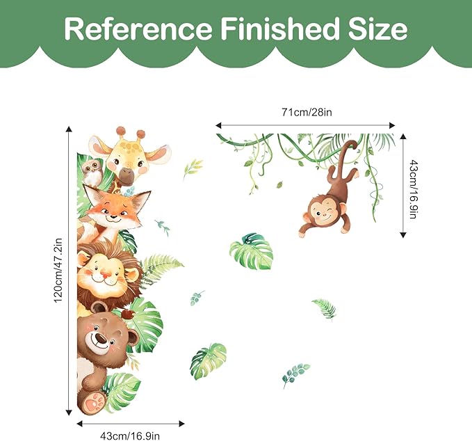 Tanlaby Jungle Animals Wall Stickers Cartoon Safari Animal Wall Decals Fox Bear Lion Monkey Tropical Leaves Art Decor for Baby Nursery Kids Playroom Bedroom