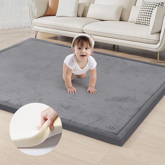 ACOMOPACK Baby Play Mat for Floor 1.3" Thick Memory Foam Play Mat 79"×157" Tummy Time Crawling with Non-Slip Bottom for Living Room,Nursery,Soft Velvet Playpen Mats for Kids,Infants（Dark Grey）