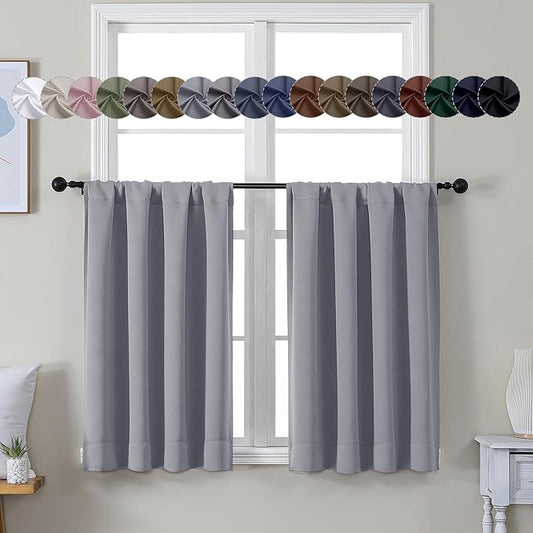 Simplebrand Ava Silver Grey Short 36 Inches Blackout Curtain 2 Panels Set, Half Window Rod Pocket Privacy Curtain Tiers for Kitchen, Curtains Blackout for Bathroom Shades, W40 x L36 Inch, Silver Grey