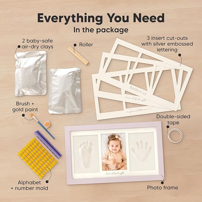 Baby Hand and Footprint Kit - Clay Handprint Keepsake Frame, Newborn Nursery Picture Frame, Personalized New Mom Gifts for Baby Shower & Registry (Soft Lilac)