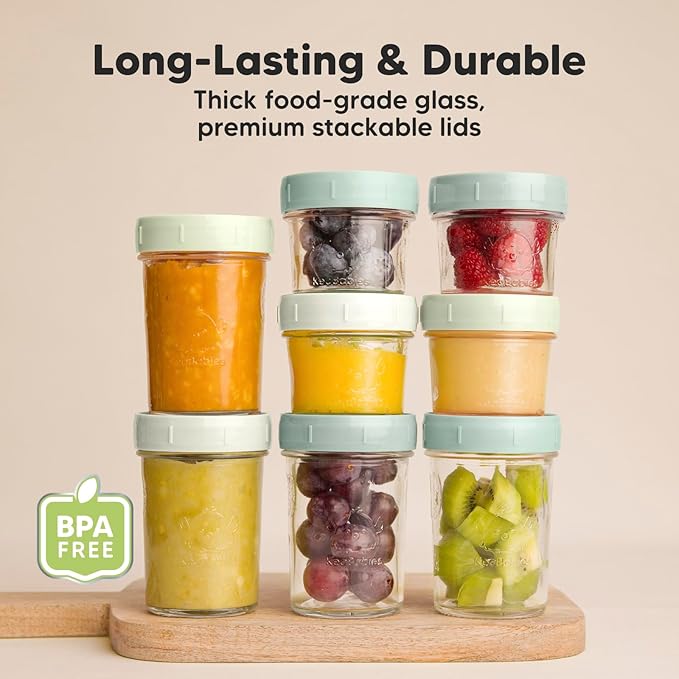 KeaBabies 4pk 8oz & 4pk 4oz Glass Baby Food Containers with Lids - Leak-Proof, Microwavable Small Glass Jars, Baby Purees & Toddler Snack Storage Containers, BPA-Free, Dishwasher & Freezer Safe(Sage)
