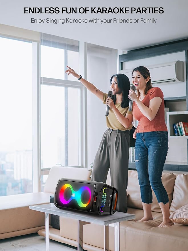 Karaoke Machine for Adults, Portable Bluetooth Speaker with 2 Wireless Microphones, PA System with Disco Lights for Big Party, Outdoor, Supports USB/TF/REC/FM/AUX, Ideal Gifts for Family, Music Lover