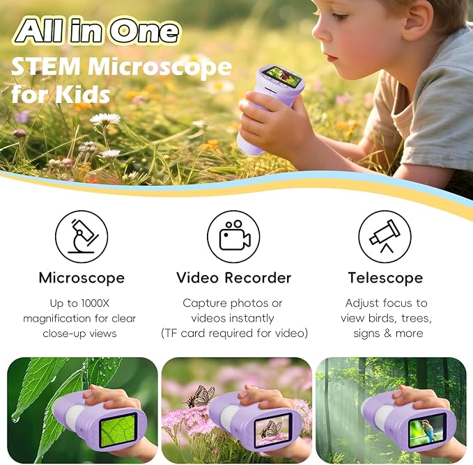 Kids Digital Microscope 1000X Zoom, Mini Pocket Handheld Microscope with Camera/Video/Telescope Function, Portable Outdoor Travel Toys for Boys Girls 3-8 Years STEM Gifts, 8GB SD Card Included