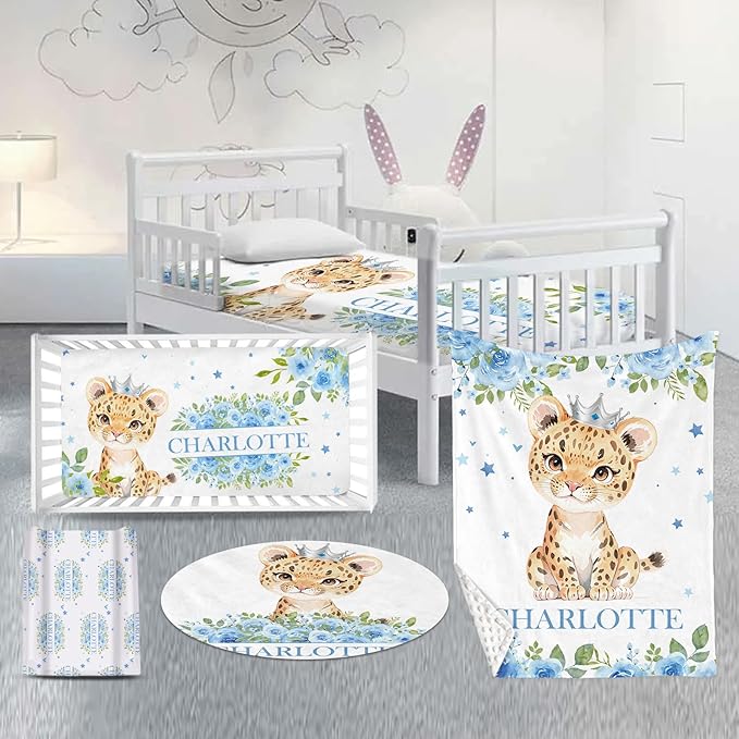 Custom Nursery Crib Bedding Set: Personalized Name 4 Piece Blue Floral Leopard Design Baby Crib Sets for Baby Girls - Toddler Double Layer Blanket Set, Comfortable Crib Bed Sheets for Baby Toddlers