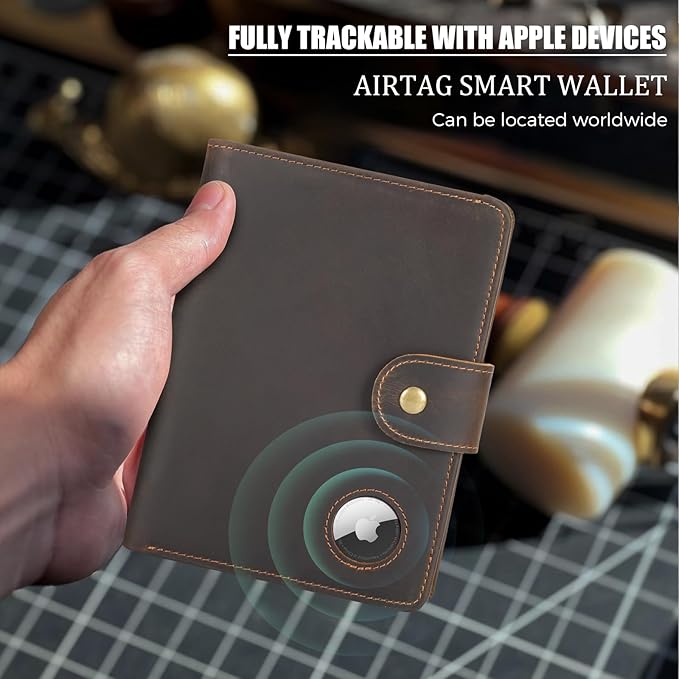 Polare Luxury RFID Blocking Leather Passport Holder Travel Wallet For Men and Women (Dark Brown with AirTag Slot(Snap Version))