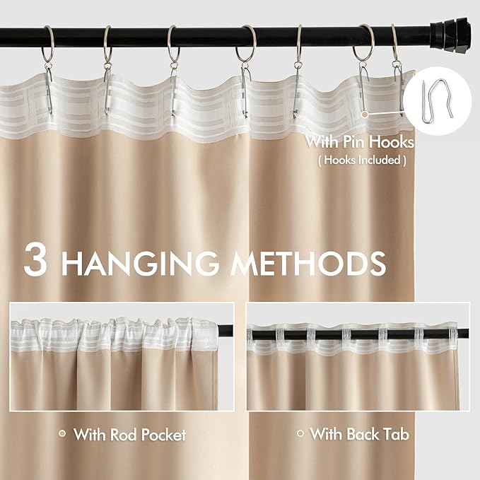 MIULEE Beige Back Tab Blackout Curtains 72 Inch Length 2 Panels Set for Living Room Bedroom Privacy, Rod Pocket/Pinch Pleat Thermal Insulated Room Darkening Pleated Light Blocking Drapes