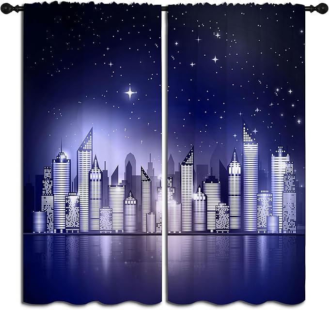 City Rod Pocket Blackout Curtains for Boy Girl Bedroom, New York Skyline Modern City Starry Sky Night View Thermal Insulated Home Window Drapes for Living Room Darkening, 84x72 inch