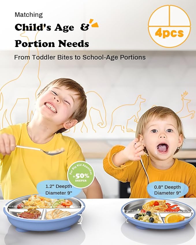 Stainless Steel Toddler Suction Plate with Lid, Deepened 9" Divided Plates with Removable Silicone Sleeves for Kids, Non Toxic Unbreakable Snack Dishes Set of 4, Sage Blue Gray Blush
