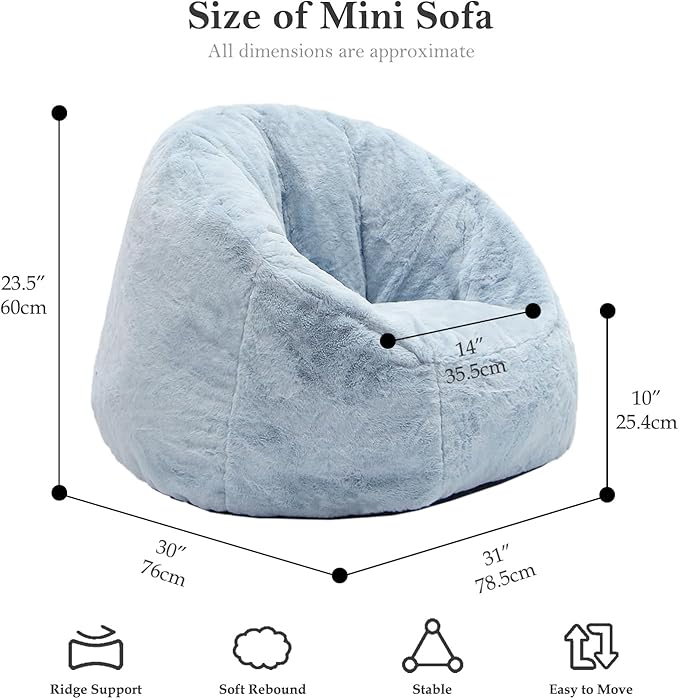 N&V Small Bean Bag Chair for Kids, Children Mini Bean Bag Sack, Foam Filling, Includes Removable and Machine Washable Cover, 27in, Soft Faux Fur (Grey)