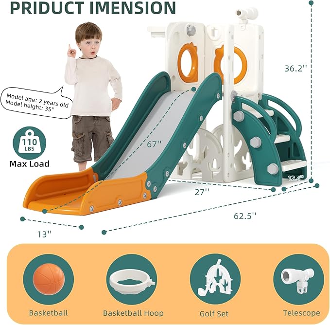 KORIMEFA 7 in 1 Toddler Slide, Kids Slide for Toddlers Baby 1-3 Years Old, Indoor and Outdoor with Basketball Hoop & Golf Set, Plastic Slides for Kids Easy Assembly, Green