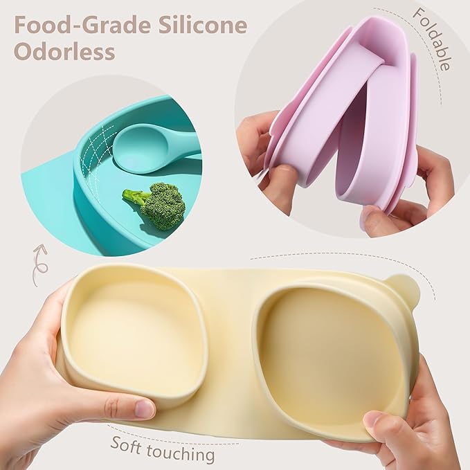 Silicone Foldable Novelty Dinner Plates,Suction Plates for Baby Travel Essential with Forks and Spoons,Microwave & Dishwasher Safe,Yellow