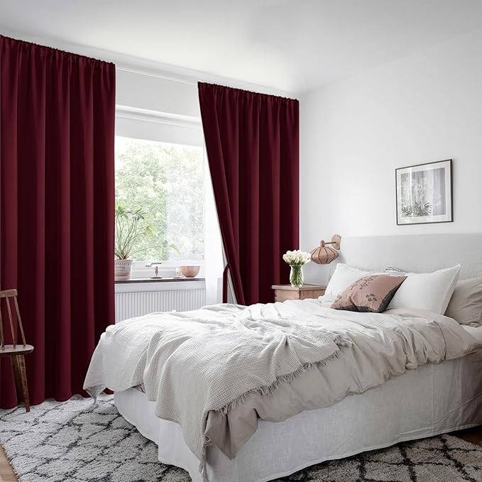 XWZO 100% Blackout Curtains Panels with Tiebacks- Heat and Full Light Blocking Window Drapes for Bedroom/Nursery, 95 Inches Long Thermal Insulated Draperies, Rod Pocket，Burgundy, W52 x L95, Set of 2