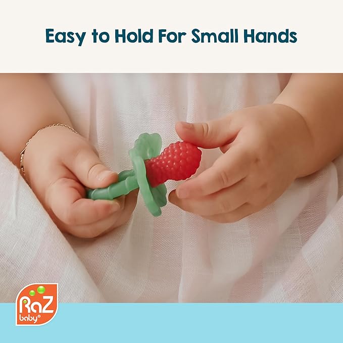 RaZbaby RaZberry Silicone Teether Pacifier – Teething Relief for Infants, Food-Grade, BPA-Free, Hands-Free, Natural Berrybumps Fruit Texture for Sensory Development, Freezable, 2-Pack - Pink & White