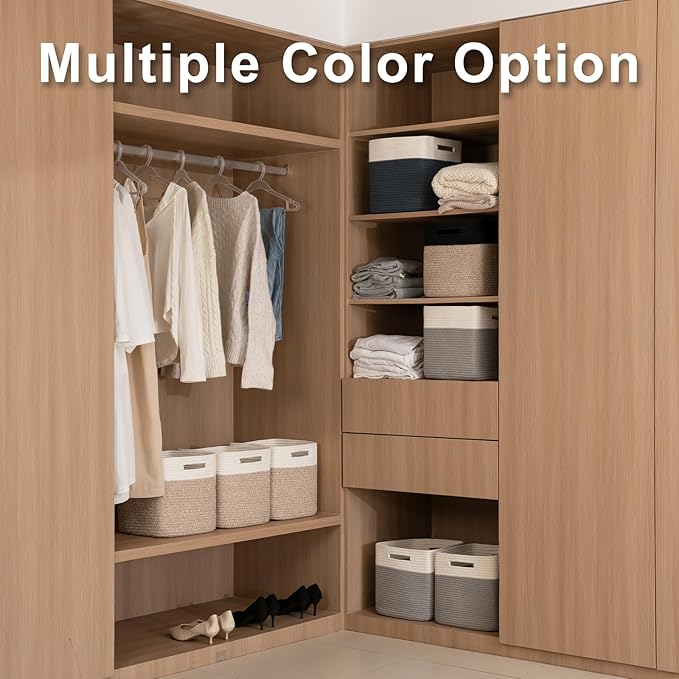 OIAHOMY Cube Storage Basket, 3-Pack Woven Cotton Rope Baskets for Storage, 11-Inch Cube Basket with Handles, Great for Shelves, Closets, Children's Toy Storage and Organization-White & Blue