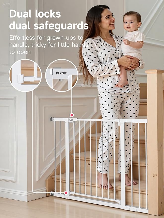 Baby Gate for Stairs, 30'' Tall 29.5-46" Extra Wide Dog Gate for Stairs Walk Thru Auto Close Metal Pet Gate for The House, Stairs and Doorways Child Gate Pressure Mounted Safety Gate Indoor - White