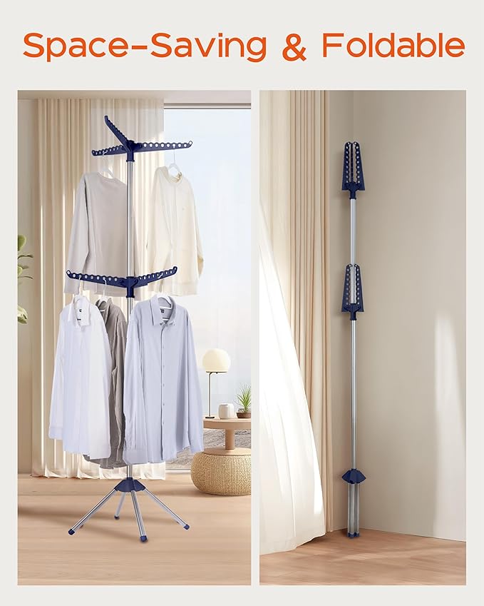 Clothes Drying Rack Foldable, 74.8 inch 2 Tier Laundry Drying Rack with Rotating Clothes Rail for 54 Pieces of Clothes, Space Saving, Indoor, Stainless Steel, Blue and Silver CDR002Q01