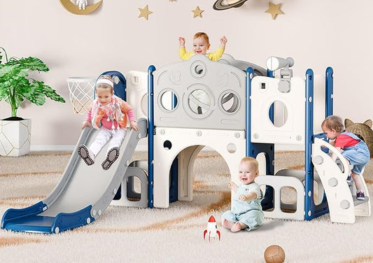 Babytronic Toddler Slide Set, 8 in 1 Kids Slide, Indoor Outdoor Slide for Toddlers Age 1-3, Toddler Playset with Basketball Hoop and Tunnel, Toddler Indoor Outdoor Playground, Blue&Grey