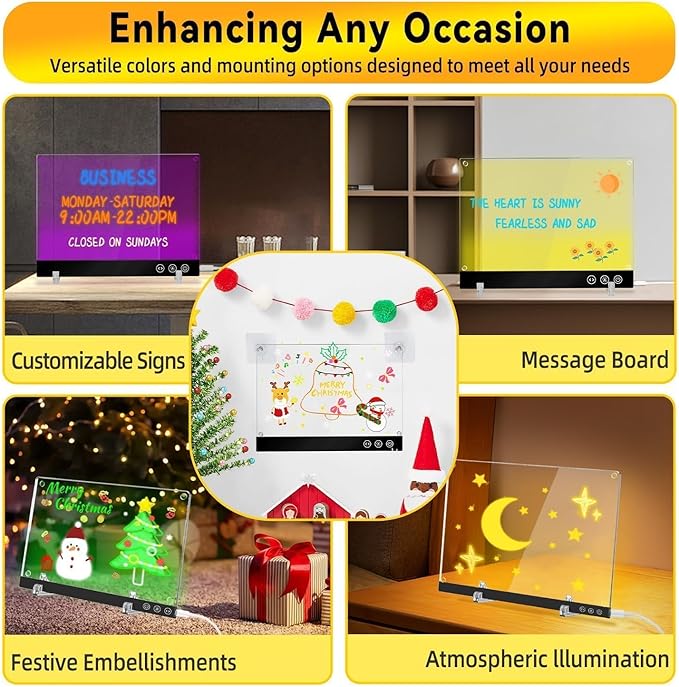 LED Magnetic Note Board with Colors, 11.8"X7.9" 4 Modes & 7 Colors Acrylic Dry Erase Board with Light, Include Hanging Chain, Led Drawing Board for Kids with Stand, Soft Cloth, 8 Markers