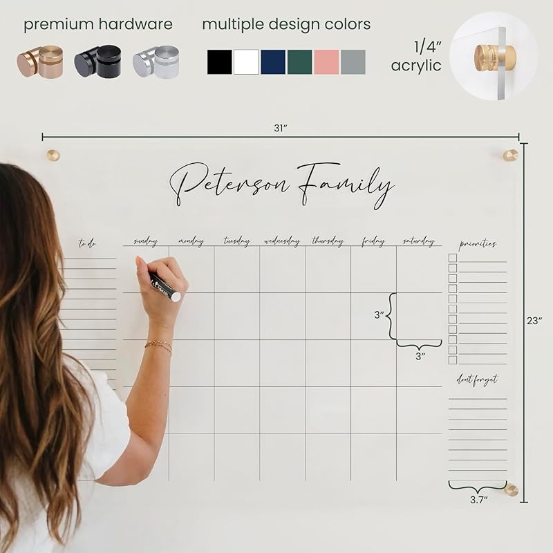 Personalized Clear Acrylic Calendar for Wall, Calendar Whiteboard for Wall, Dry Erase Wall Calendar, Wall Calendar Organizer System for Home (Cursive, White, 31"W x 23"H)