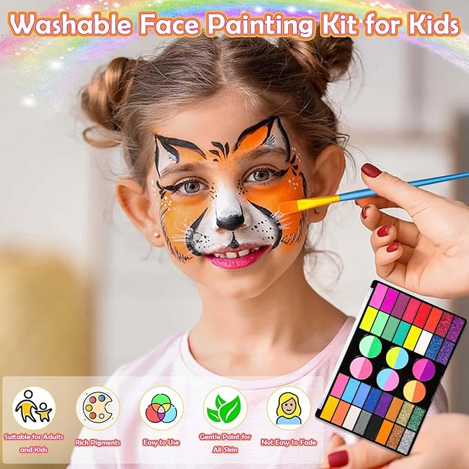 Professional 69 Colors Face Painting Kit for Kids – Washable Skin Watercolor Non-Toxic Body Paint Face Glitter Makeup Palette with Stencils, Gems, Brushes– for Kids Party Cosplay Halloween FX