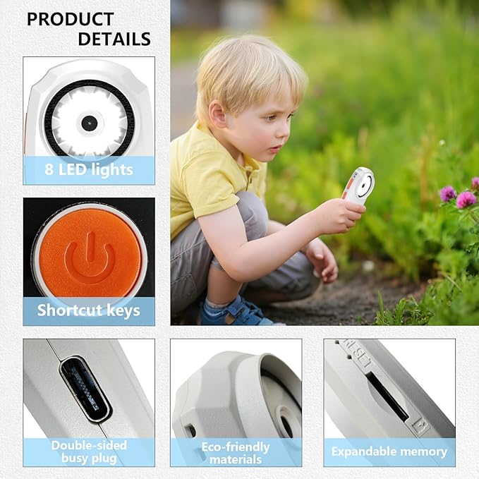 Magnifying Glass for Kids, Digital Microscope with 2.0" IPS Screen,500X,8 Adjustable LEDs,Handheld Microscope for Insect Plant Leaf,Coin Magnifying Glass and Small Fonts,USB Connection to PC