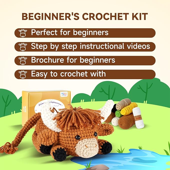 Crochet Kit for Beginners, Learn to Crochet, Include Easy Knitting Soft Yarn, Step-by-Step Video Tutorial, Hook, Holiday Birthday Gift for Adults and Kids(Highland Cow)