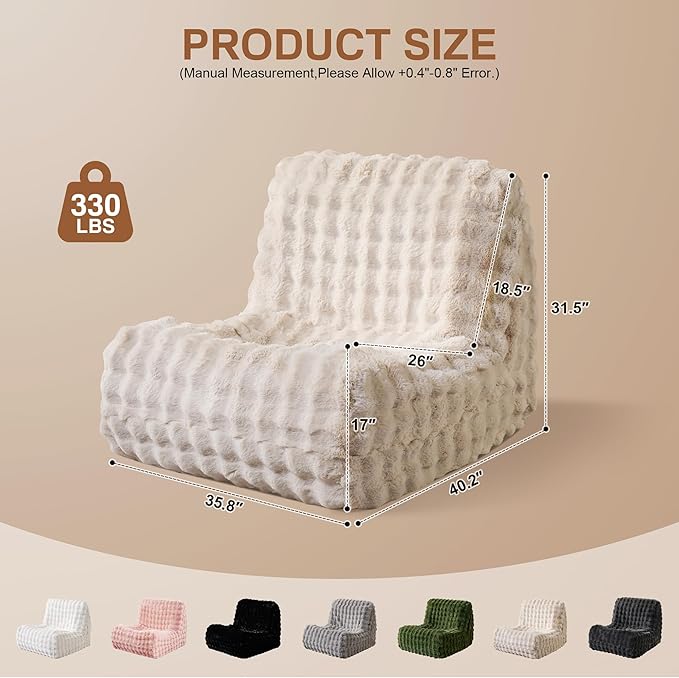 Modern Bean Bag Chair, Large Bean Bag Couch for Adults with Memory Foam Filled, Soft Faux Bunny Fur Lazy Chair for Living Room Bedroom Dorm Apartment, No Assembly Required, Beige