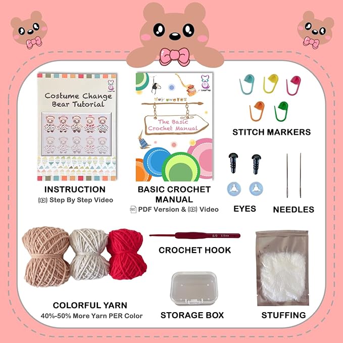 LoopMap Crochet Kit for Beginners - DIY Amigurumi Bear with Removable Dress & Accessories - Step-by-Step Video Tutorials, Extra Yarn, Crochet Tools, Handmade Gift for Kids & Adults (Bear K02, red)