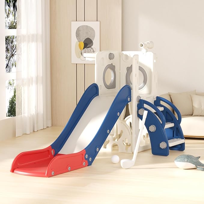 KORIMEFA 7 in 1 Toddler Slide, Kids Slide for Toddlers Baby 1-3 Years Old, Indoor and Outdoor with Basketball Hoop & Golf Set, Plastic Slides for Kids Easy Assembly, Blue