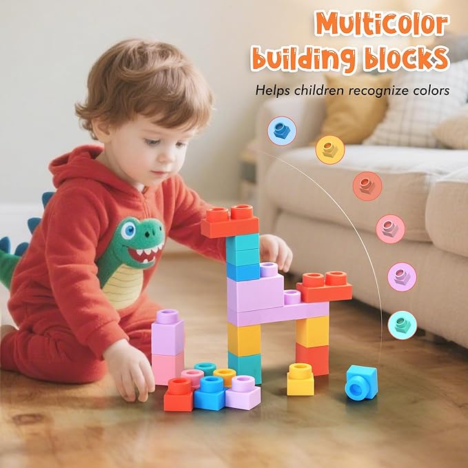 22 Pcs Soft Building Blocks for Toddlers 18M+, BPA - Free Sensory Teether Toys, Montessori STEM DIY Bricks, Early Learning Creative Stacking Set, Safe Baby Construction Toys