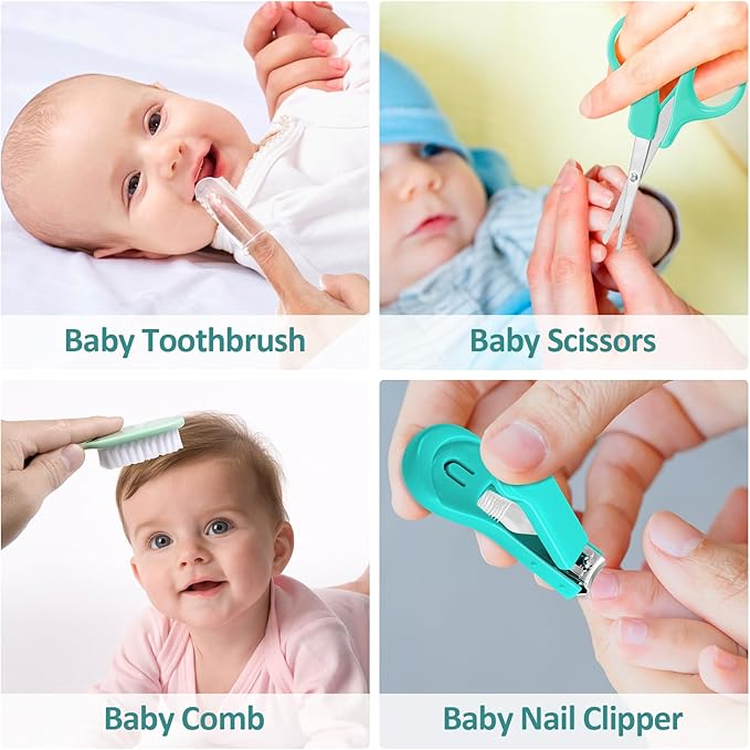 Baby Grooming Kit, Infant Safety Care Set with Hair Brush Comb Nail Clipper Nasal Aspirator,Baby Essentials Kit for Newborn Girls Boys (Green)