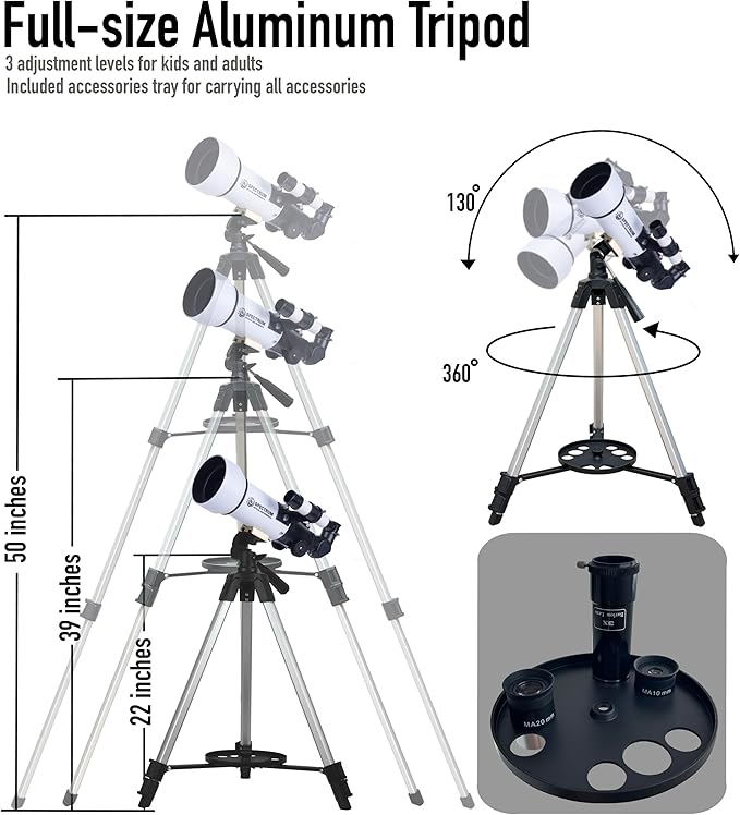 SpectrumOI TourStar 70 AZ Telescope for Adults Astronomy Gifts, Travel Telescope for Camping - Premium Refractor 70mm Aperture with Carry Bag and Phone Holder White Color