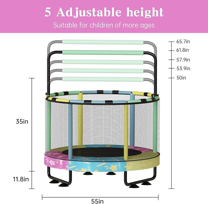 LAMERGE 55" 7-in-1 Round Trampoline for Kids Boys & Girls Ages 1-8, Indoor & Outdoor Trampoline for Fun, Adjustable Height Handrail ＆ Enclosed Safety Net ＆ Durable Designs for Toddlers Children