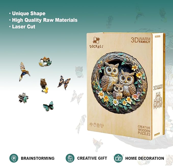 Wooden Puzzles for Adults - 3D Vision Effects Owl Family Wooden Jigsaw Puzzle - Unique Animal Shaped Wood Puzzles Adult - Creative Birthday Gift Family Game (300pcs)