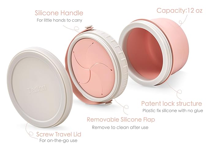 No Spill Silicone Toddler Snack Containers, Detachable Silicone Flap for Filling&Cleaning, Crumb-Free Hard Plastic Screw Travel Lid, Ultra-Soft for Baby Kids Hand In-Out, Snack Cup Holder 12 oz