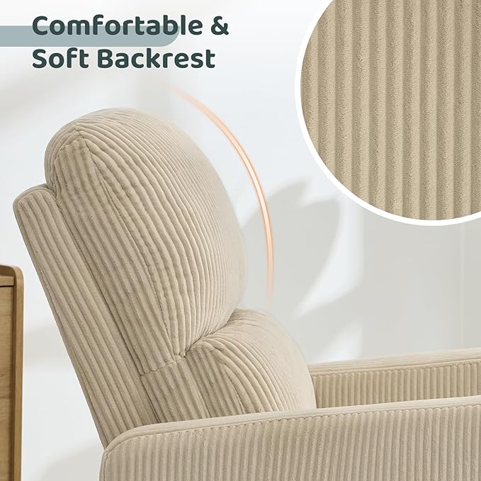 Swivel Rocker Recliner, Oversized Power Recliner Nursery Glider with Removable Cushion, Upholstered Swivel Reclining Chairs for Nursery Living Room Bedroom, Corduroy Camel