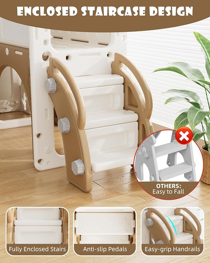 YUFU 12 in 1 Kids Slide for Toddlers, Toddler Slide Playset with Golf, Drawing Board, Climber, Basketball Hoop and Storage Space, Indoor Outdoor Toddler Playground for Kids Age 1-3 (Brown)