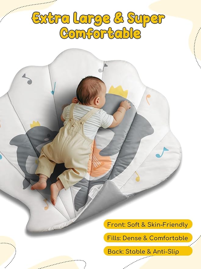 Shell Baby Play Mat, Play Mat for Babies 0-6 6-12 Months, Tummy Time Mat w 6 Detachable Toys, Enlarged Infant Activity Mat for Sensory & Motor Skill Development Boho Ocean Theme Baby Play Gym (White)