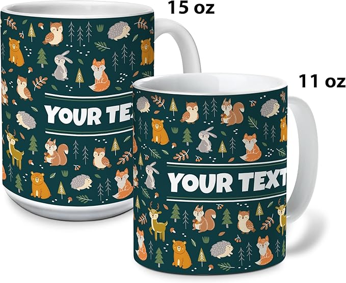 Personalized Mug for Kids - Woodland Animals - Custom Name/Text, Ceramic Hot Chocolate/Cocoa/Coffee Cup for Boys/Girls, Birthday/Christmas/Holiday Gift - 15 oz, Pink Handle