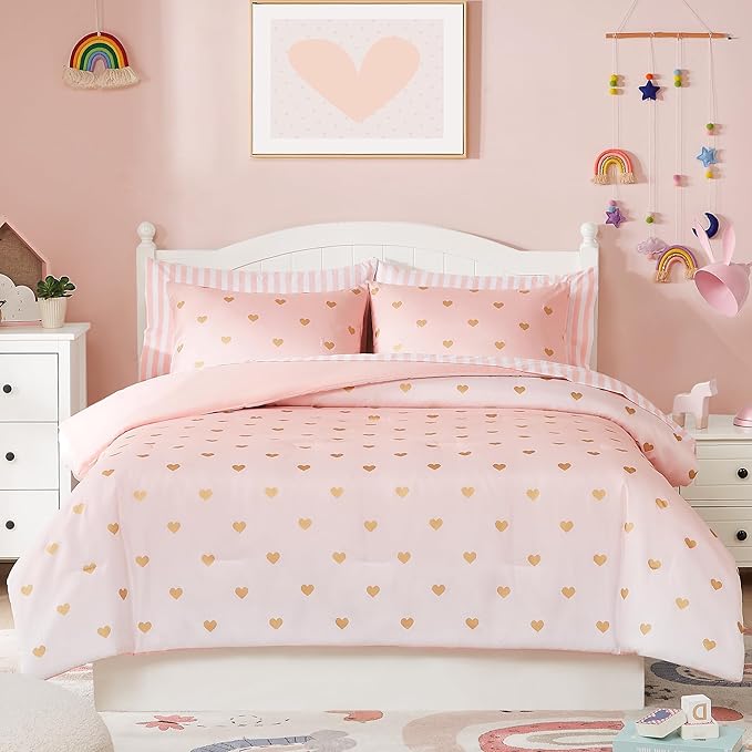 Twin Comforter Set with Sheets for Girls-5 Pieces Twin Bedding Sets with Pink Comforter, Sheets, Pillowcase & Sham for Kids (Pink Gold Heart, 66" X 86")