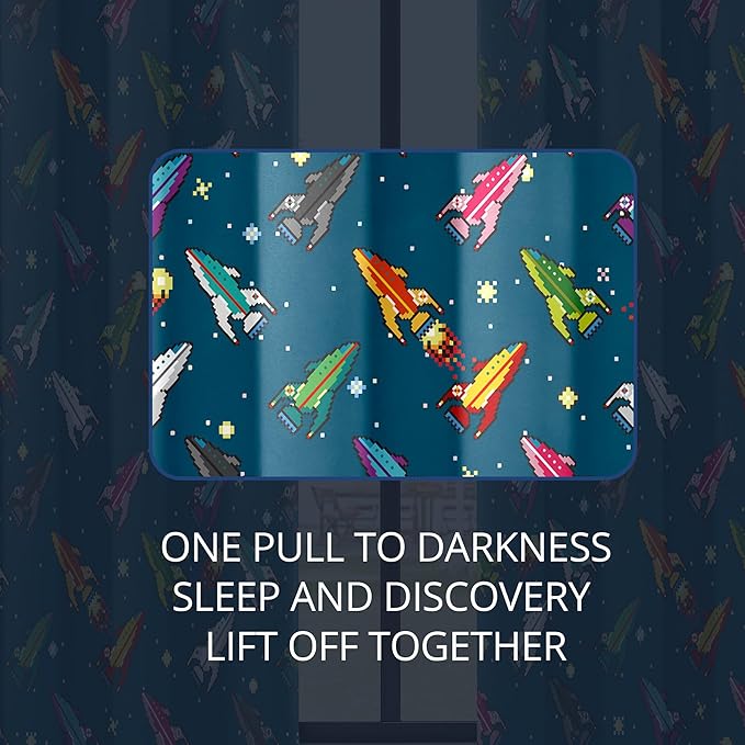 Kids Pixel Rocket Blackout Curtains - 100% Blackout, Thermal Insulated, Noise Reducing, Perfect for Kids Room and Nursery, 2 Panels (Pixel Rocket Fleet, W52×L63)