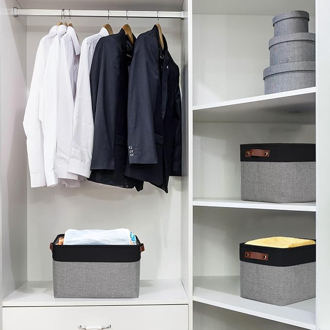 Storage Bins Large Fabric Storage Baskets for Shelves 3 Pack, Decorative Linen Closet Baskets with Handles for Organizing, Shelf, Clothes, Home, Office, 15x11x9.5Inches (Grey&Black)