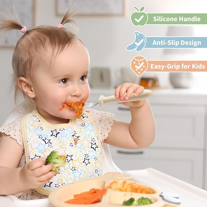 DRKIO 8 Pieces Toddler Forks Set - Baby Forks with Silicone Handle Children safe 18/8 Stainless Steel Toddler Utensils Set for Self Feeding Kids Silverware Anti-Choke Design Food Grade Dishwasher Safe