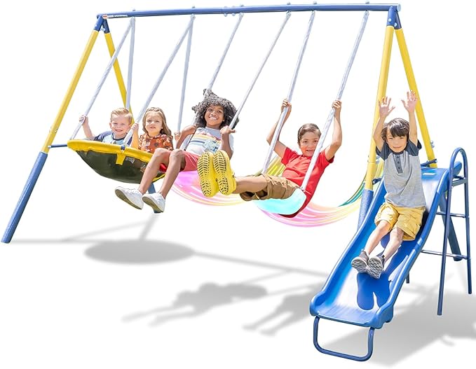Sportspower Starlight Metal Swing Set with 2 LED Light-Up Swings, Saucer Swing & 5ft Slide – Outdoor Kids Playset with Sturdy Frame and Safety Features