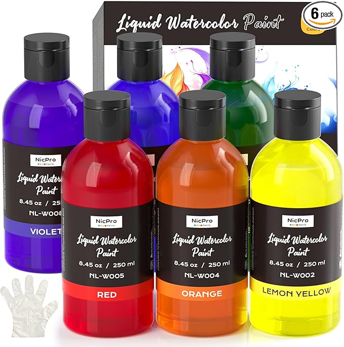 Nicpro 6 Colors Liquid Watercolor Paint Set, 8.45oz Large Bottle Liquid Watercolor Paint, Non-Toxic Water Colors Painting Supplies for Art Activity, Craft DIY, Poster, School, Home, Classroom, Party