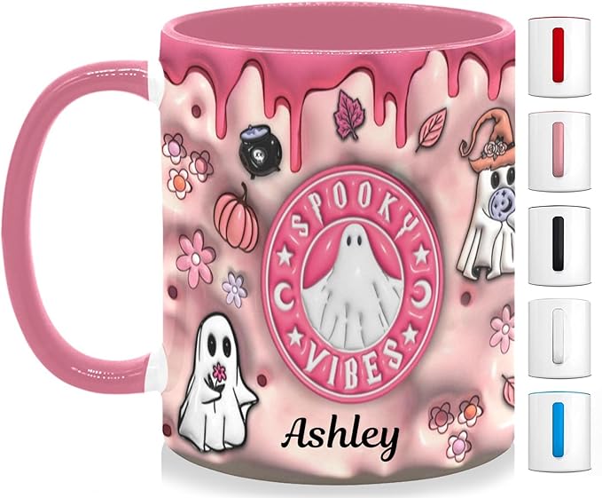 Personalized Halloween Coffee Mug with Names, Pumpkin Coffee Cup, Custom Ghost Ceramic Coffee Mug, Spooky Vibes Trick Or Treat Halloween Accent Mug, Spooky Season Gift for Women Her 11 Oz