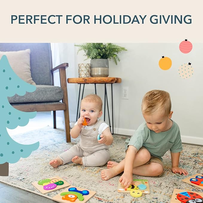 MAGIFIRE Toddler Wooden Puzzle Set - 4-Pack 5.7 x 5.7 Inch Multicolor Wood - Chunky Pieces for Small Hands & Portable Storage Bag - Toddler Puzzles Ages 3-5